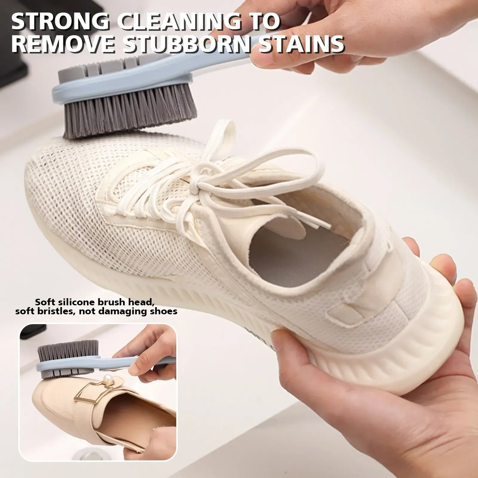Double-Sided Shoe Brush Silicone Bristles Gentle on Leather Fabric Multi-Surface Cleaner for Shoes/Clothes Home Travel