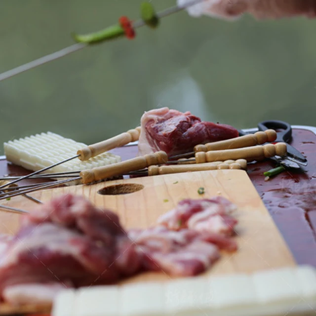 10Db/Beállított Fa Fogantyú Bbq Nyárs Élelmiszer -Hús Szerszám Grillezőbotok Kemping Zongora Hőálló Barbecue Tűk - Image 4