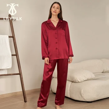 LILYSILK 여성용 Momme 실크 파자마 세트, 일반 2 피스 버튼 프론트 홈 바지 정장, 숙녀 작업복, 무료 배송, 22 가을