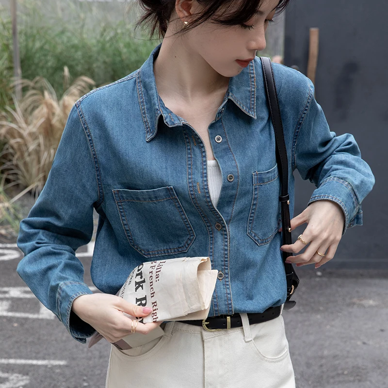 

Deep Blue Denim Shirts for Women Spring Buttons Long-Sleeved Shirt Blusas De Mujer Korean Loose Turndown Collar Blouse