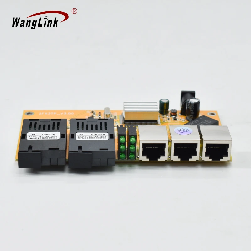 

Wanglink 155M 2F3E Fiber Optic Media Converter PCB 10/100M 3 RJ45 and 2 SC PCBA Board 25KM