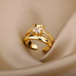 Heart Rings for Women Grils Gold Color Adjustable Stainless Steel Ring 2024 Trend Luxury Wedding Couple Jewelry anillos mujer
