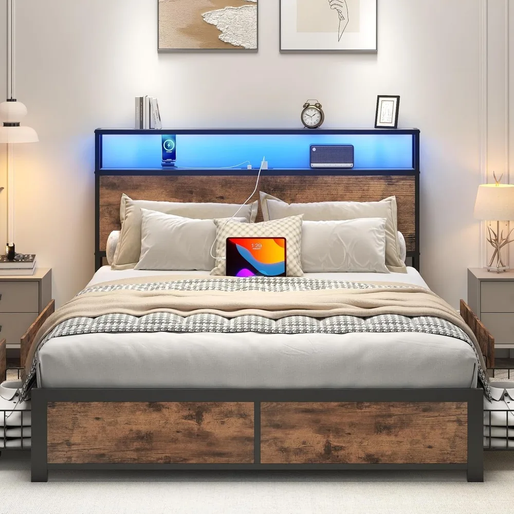 bedstead.Full Bed Frame with 2-Tier Storage Headboard, Metal Platform Bed Frame with 4 Storage Drawers,Built in Charging Station 3