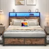 bedstead.Full Bed Frame with 2-Tier Storage Headboard, Metal Platform Bed Frame with 4 Storage Drawers,Built in Charging Station 3