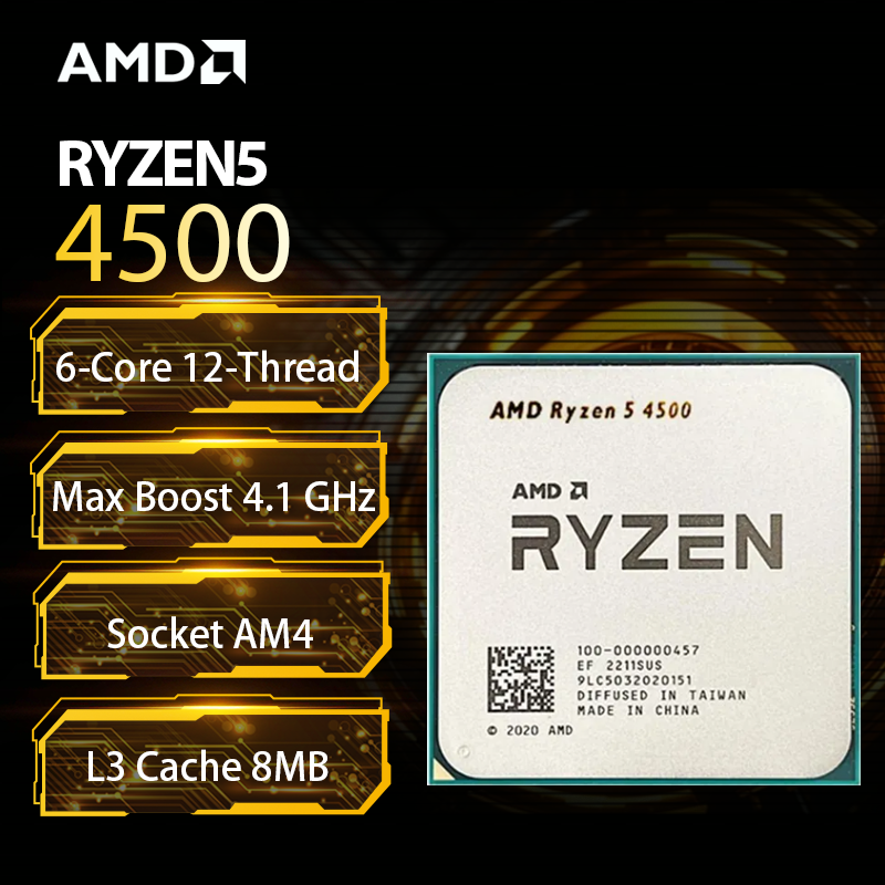 AMD Ryzen 5 4500 6-Core 12-Thread Desktop Processor 4.1 GHz Max Boost Unlocked Socket AM4 CPU PC GAME no fan