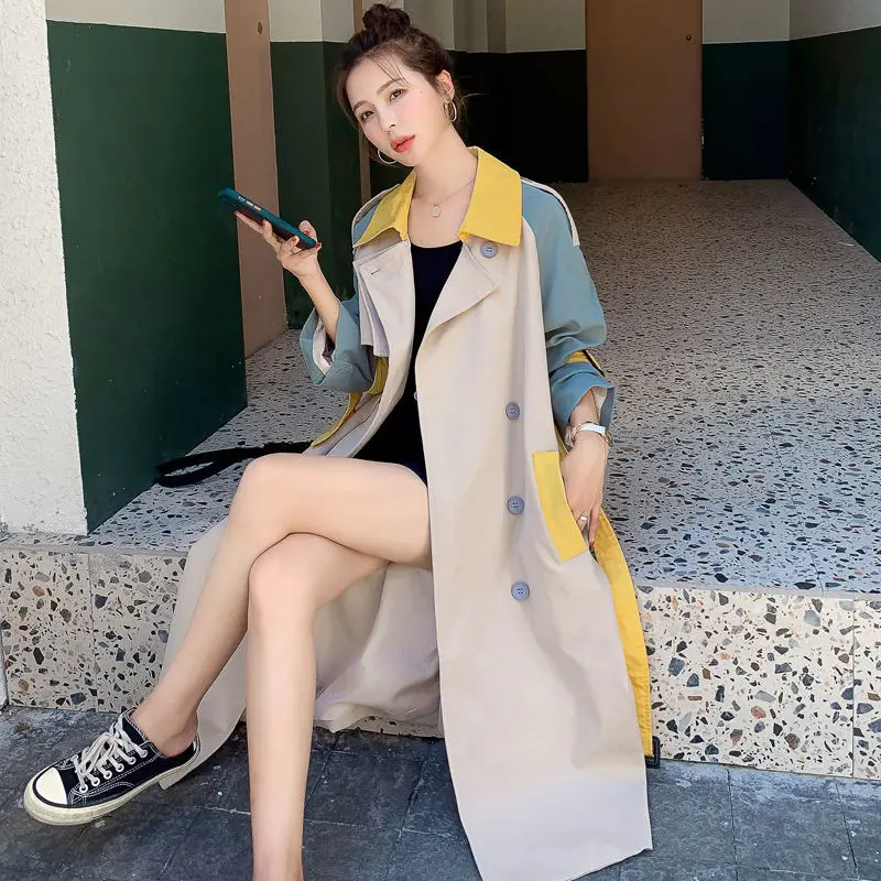 

Color-blocking Trench Coat Women's Mid-length Spring and Autumn New Korean Style Waist-length British Style Drape Coat