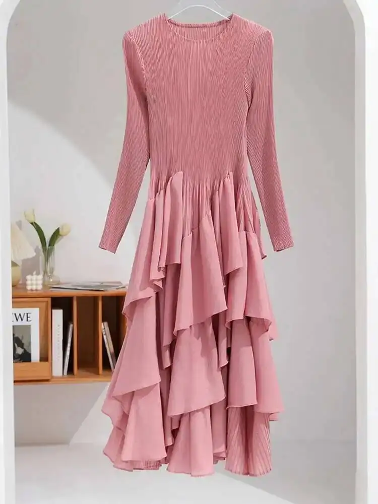 LANMREM Ruffles Pleated Dress Women's Round Neck Long Sleeves Layers Solid Color Stitching Party Clothing New Trendy 2DA2217 - Image 5