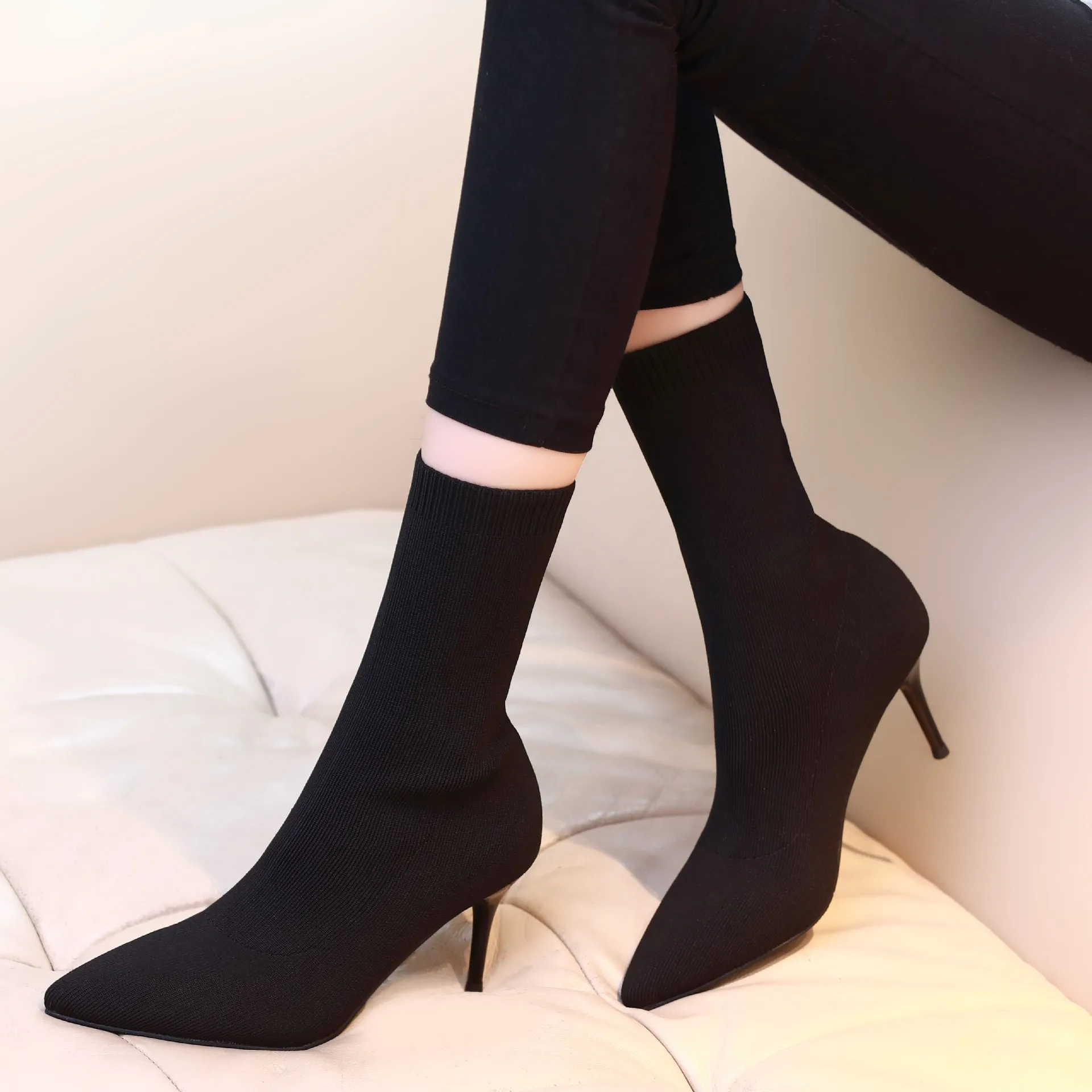 2023 Winter Women 7/9cm High Heels Sock Boots Stretch Fabric Ankle Boots Nightclub Black Heels Sexy Party Shoes Zapatos De Mujer
