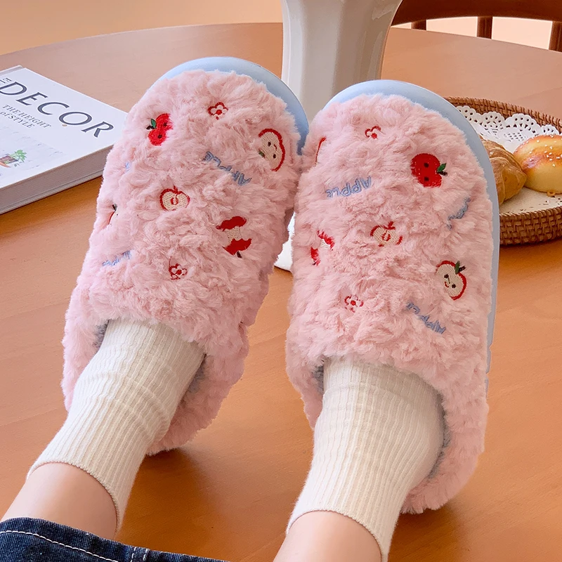 Embroidery Cartoon Apples Fur Slippers Women Sweet Thick Sole Warm Home Slippers Woman Anti Slip Plus Size Living Room Shoes