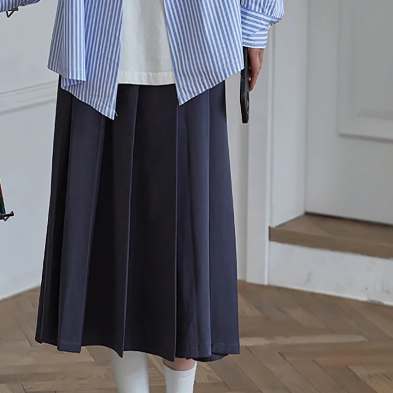 Autumn Elegant Women Pleated Drape Long Skirt Vintage High Waist Female A-line Preppy Style Mid-Calf Long Cotton Woman Skirts purple skirt Skirts