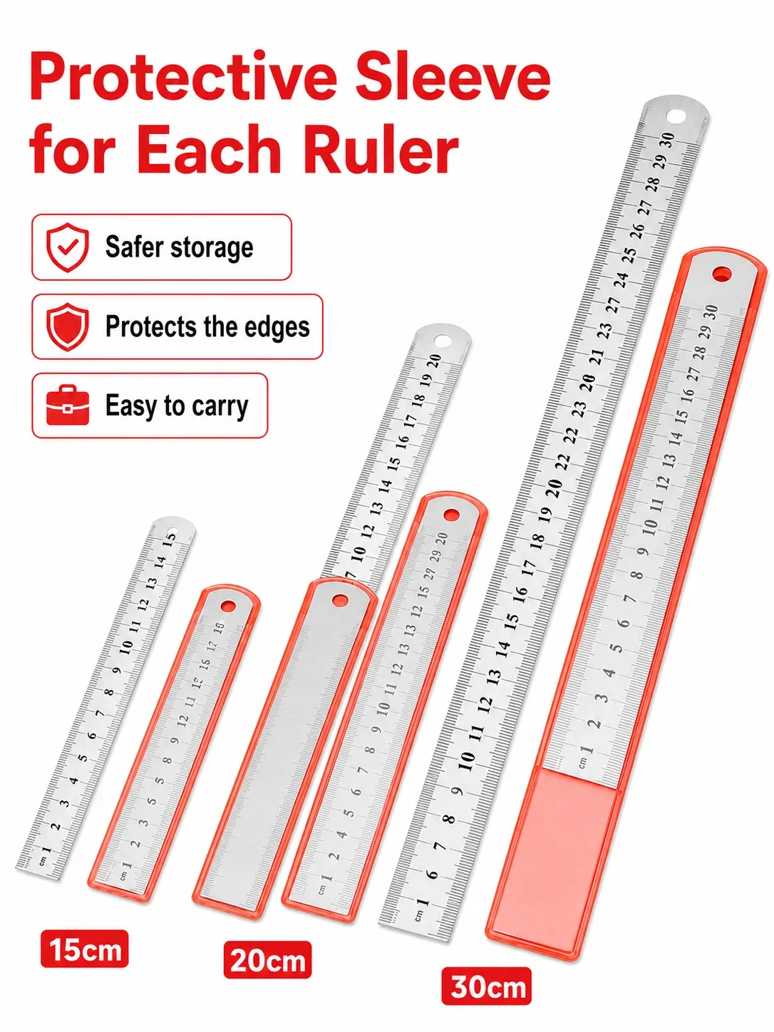 3Pcs Stainless Steel Ruler Set 15cm 20cm 30cm Double Sided Metal Rulers with Protective Sleeves for School Office - 6