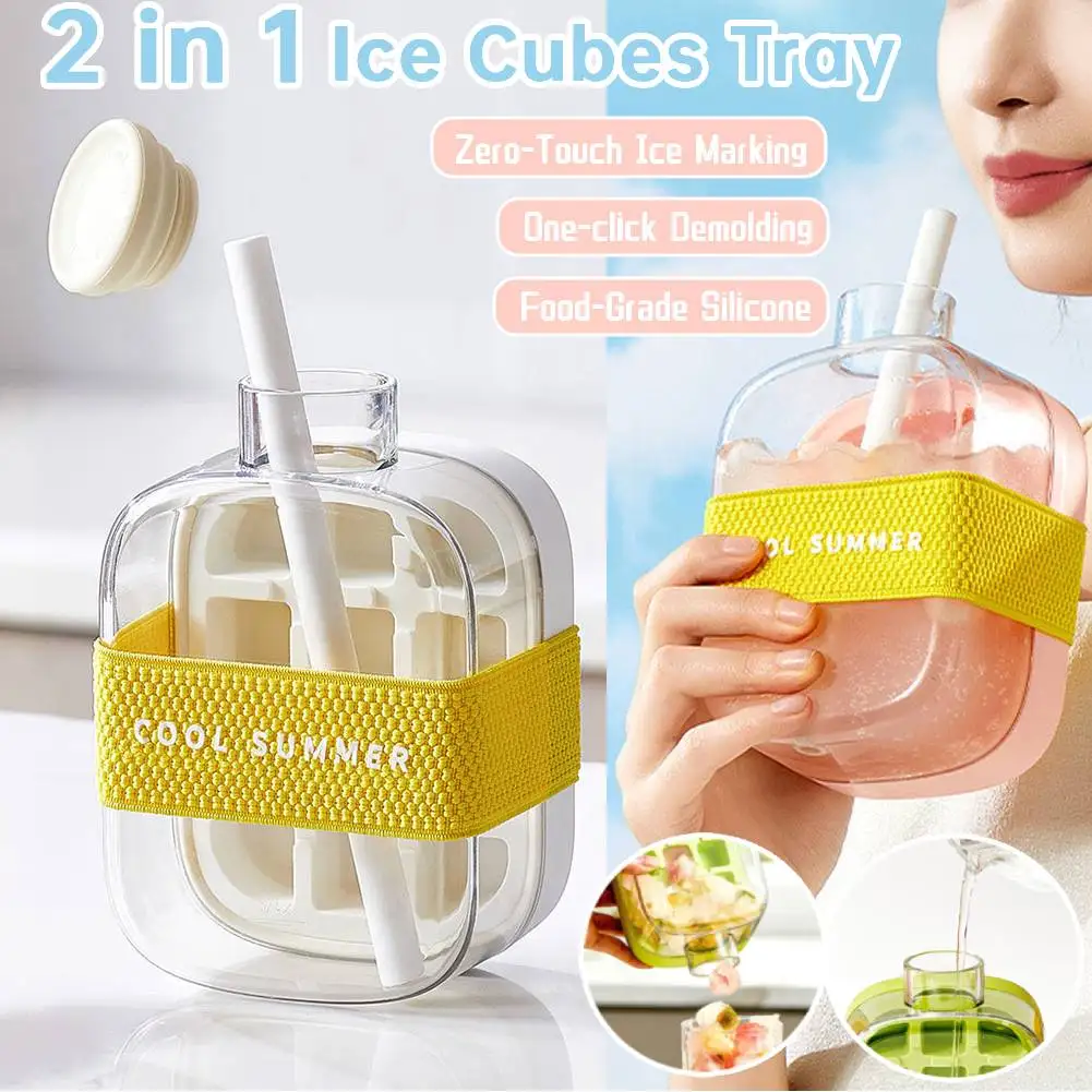 Water Bottle With Silicone Ice Cube Tray With Straw Zero-contact Pressure Ice Cube Mold 500/800ml Kettle Beverage Cup sports water bottle,portable water bottle