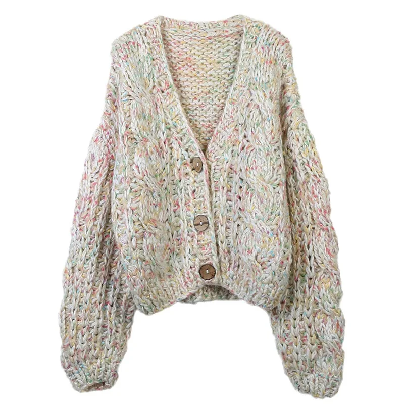 

Women Sweet Twist Cardigan Knitting Autumn Winter Long-sleeved V-neck Loose Retro Versatile Short Sweater Coats Crochet Knitwear