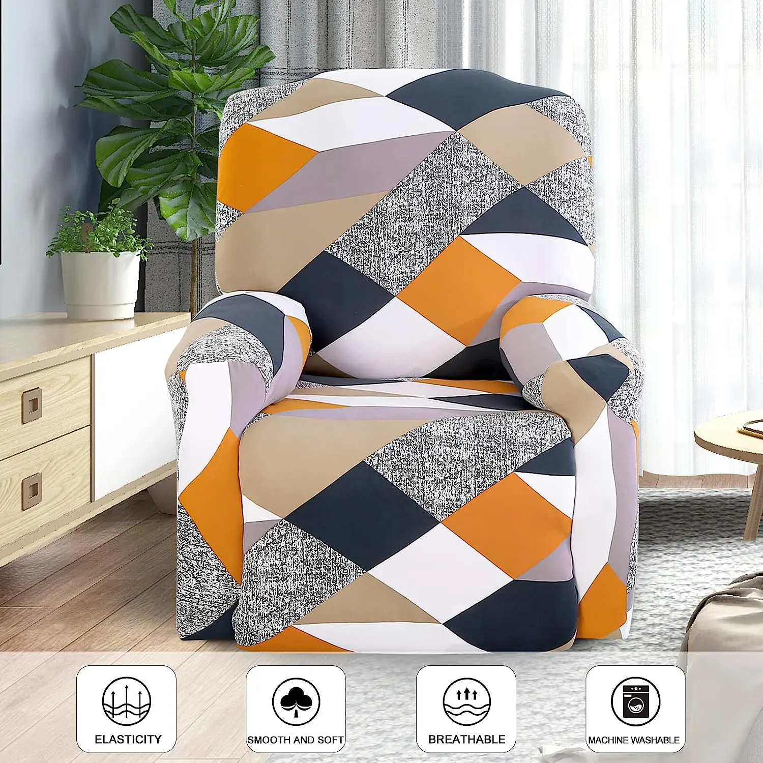 4pcs/set Recliner Slipcovers With Side Pocket Stretch Reclining Couch Covers Printed Furniture Protector 3