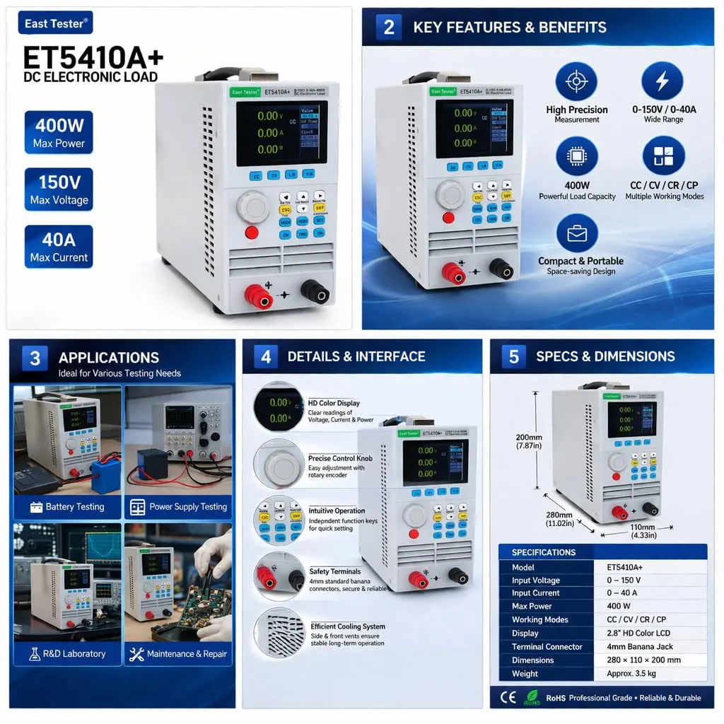 400W 40A 프로그래밍 가능 전자 부하 장치 ET5410A+ ET5420A+ 디지털 DC 부하 장치 전자 배터리 테스터 부하 측정기 업그레이드