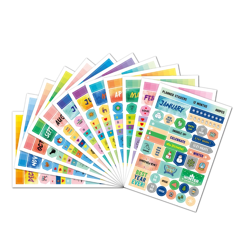 12sheets Funny Monthly Planner Index Stickers Self Adhesive Categorized Label Tag Marker Paper for Diary Agenda Planner Sticker 