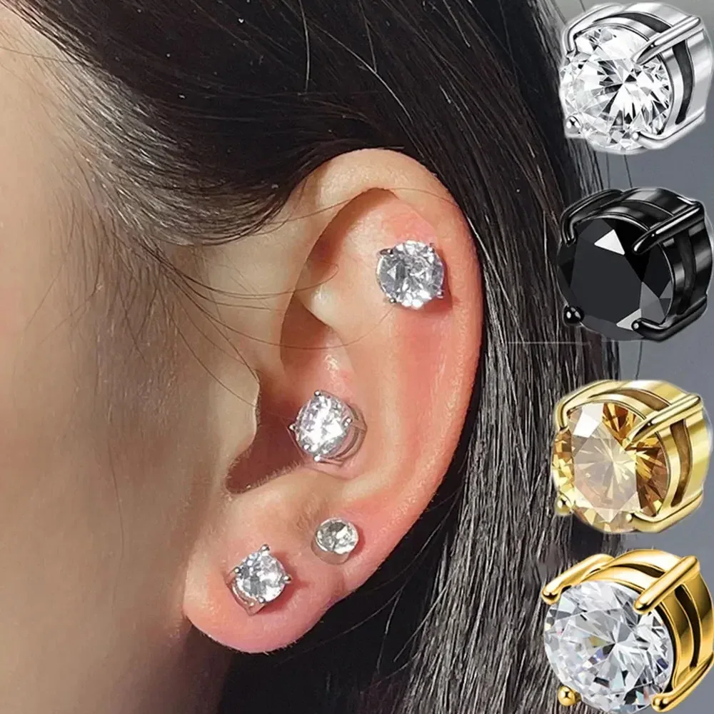 ZAKOL Crystal CZ Strong Magnetic Ear Stud Clip Earrings for Men Women Punk Round Zircon Non Piercing Jewelry