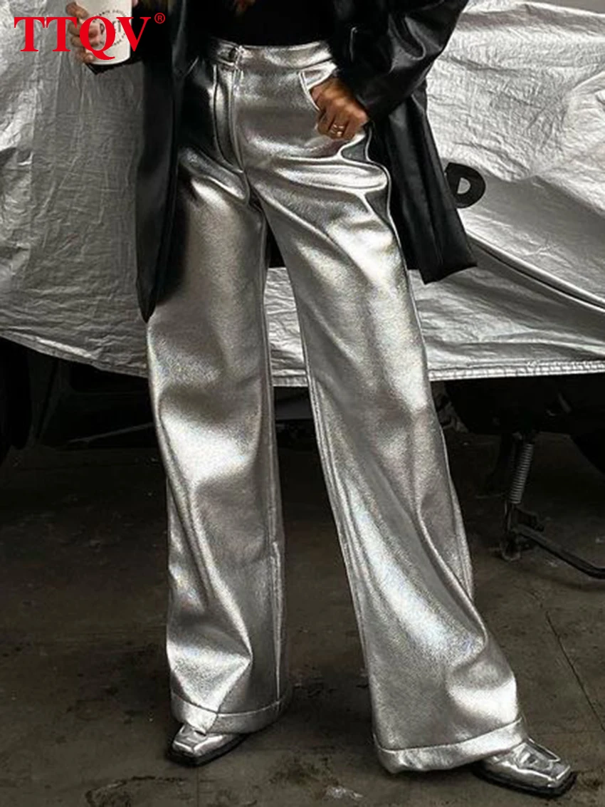 Ttqv Fashion Silver Pu Leather Women's Pants 2023 Elegant High Waisted