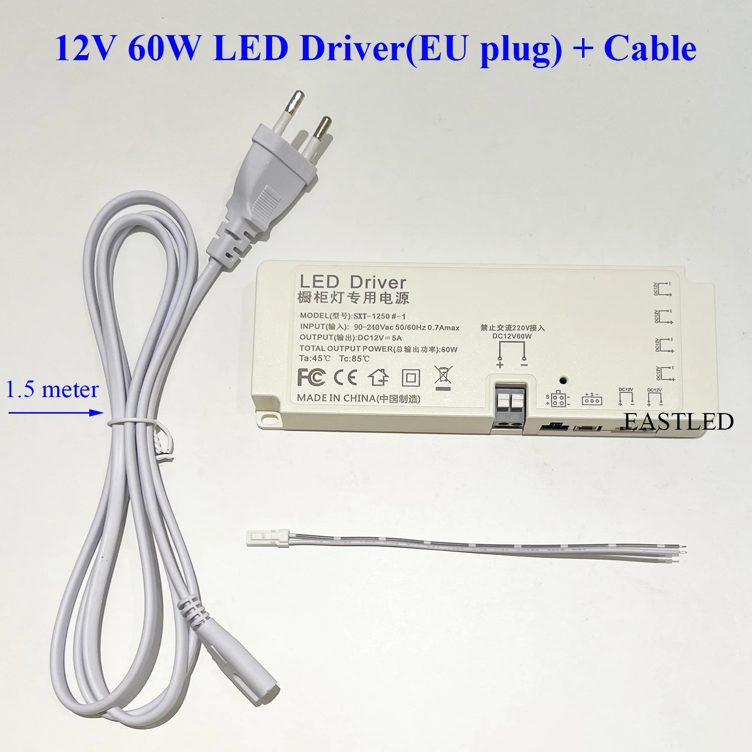 LED Driver with Cord AC 220V to DC 12V 24W 36W 60W 100W Light Transformer Power Supply JST Connector Dupont Port for Cabinet