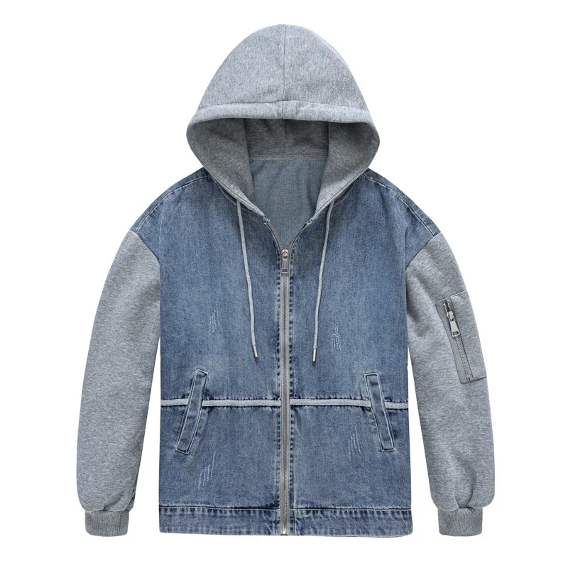 2023 Hooded Denim Jacket Women Spliced Jean Coat Pocket Loose Overcoat Zipper-up Outwear Female Sweatshirt Baseball Clothes Coat