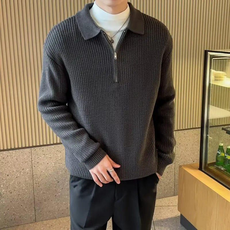 2024 Spring Half Zip Knitted Sweater Men Long Sleeved Casual Sweater Lazy Style Lapel Knitwear Tops Streetwear Men Clothing