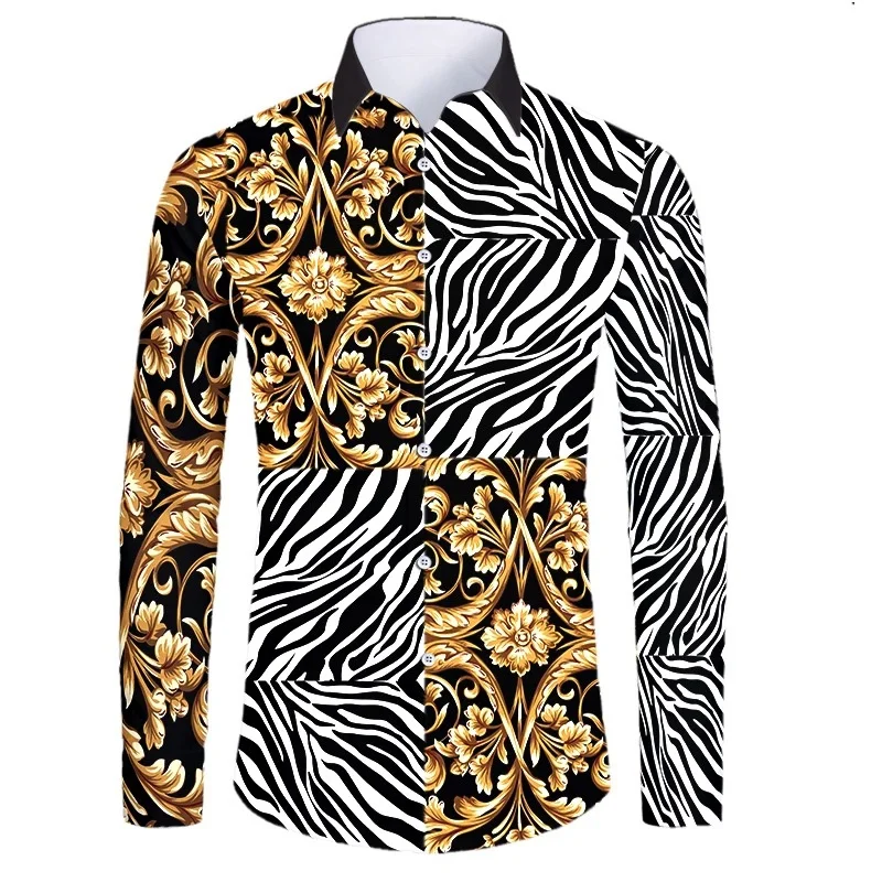 thumbnail image 1 of Camisas de manga corta con botones y estampado 3D de lujo de alta gama con patrón dorado para hombres, blusas de estilo callejero de moda, atuendos de hip hop, 1 of 5