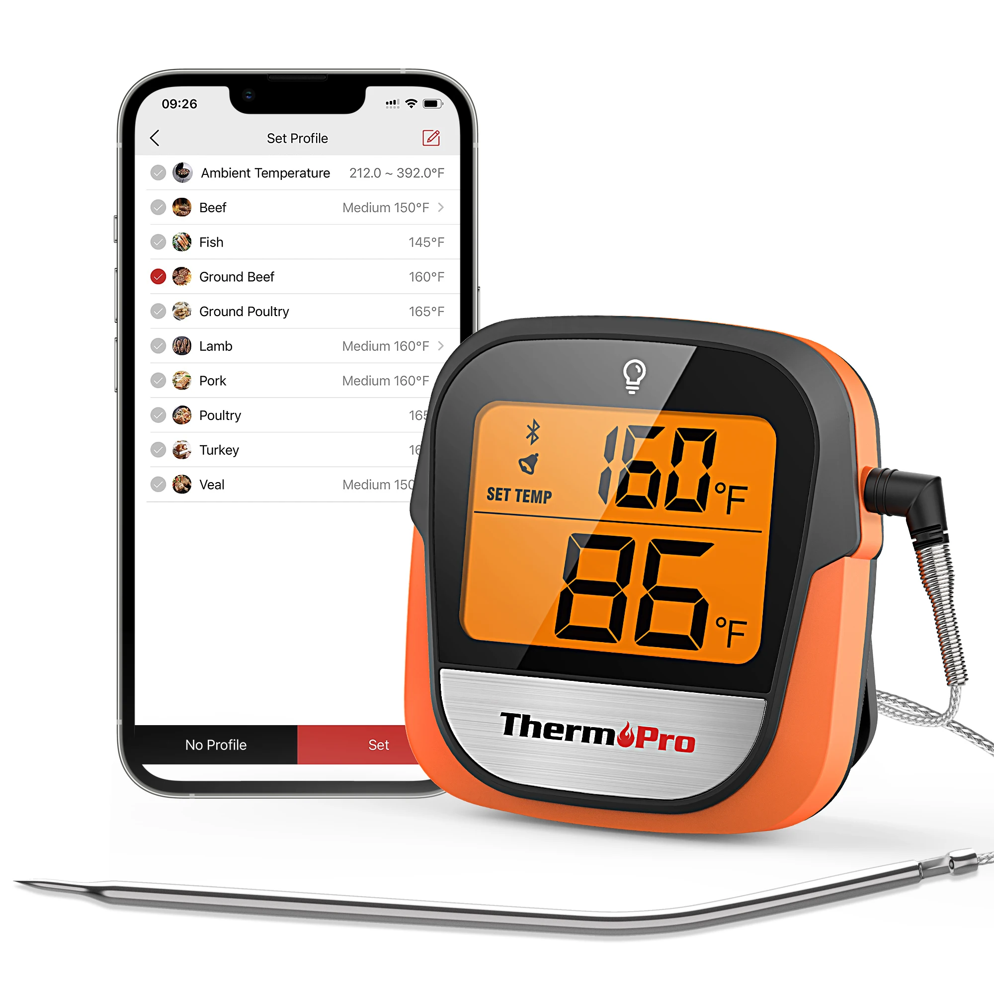 

Термометр ThermoPro TP901 кухонный беспроводной с поддержкой Bluetooth и подсветкой, 135 м