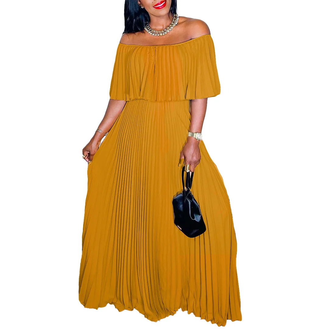 

Yellow Polyester African Dresses for Women Summer Fashion Style African Women Short Sleeve Pleated Long Dress Maxi Dress S-3XL