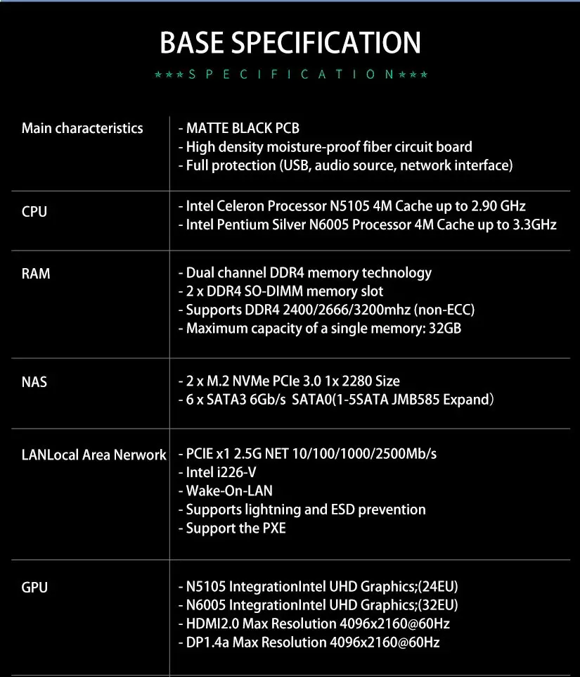 Description Picture 5 of itemN5105 Industrial Motherboard NAS Motherboards 4 Cores 4 Threads Low Power Processor 4x2.5G I225 Network 2 M.2 Slot 6xSATA DP HD