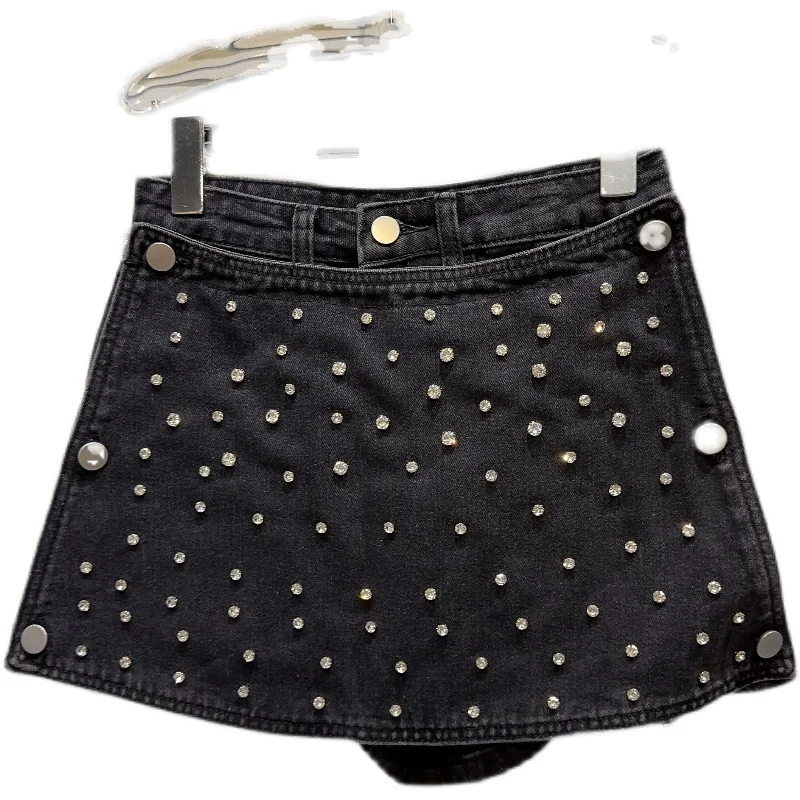 Heavy Industry Starry Rhinestone Beaded High Waist Denim Skirt Female 2023 Summer New Black Pantskirt Mini Skirts for Women