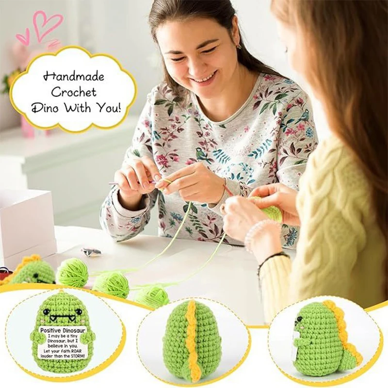 Cute Positive Energy Crochet Dinosaur Wool Knitting Doll with Card Handmade Knitted Ornament Room Decor Birthday Christmas Gifts
