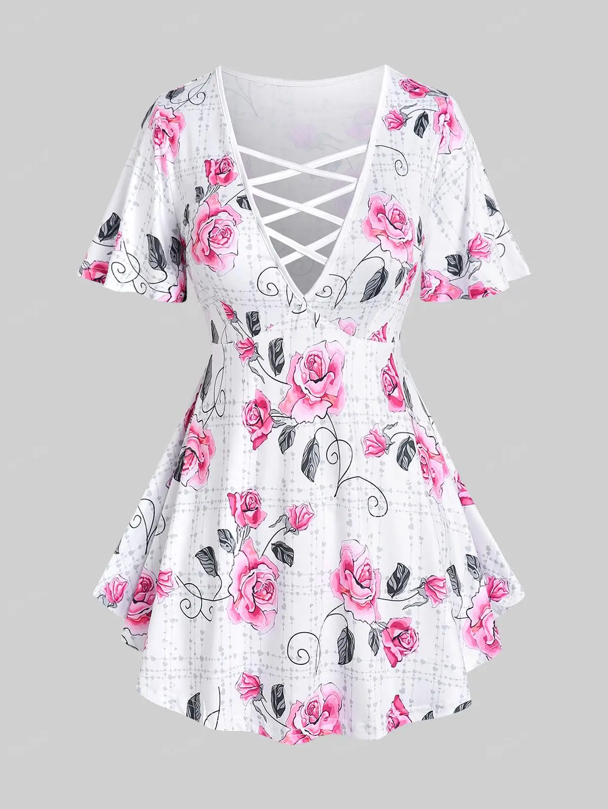 

ROSEAGL Plus Size Floral Print Crisscross Strappy Top 2023 New Graphic T-Shirts Women Summer Short Sleeves Plunging Tees S-5XL