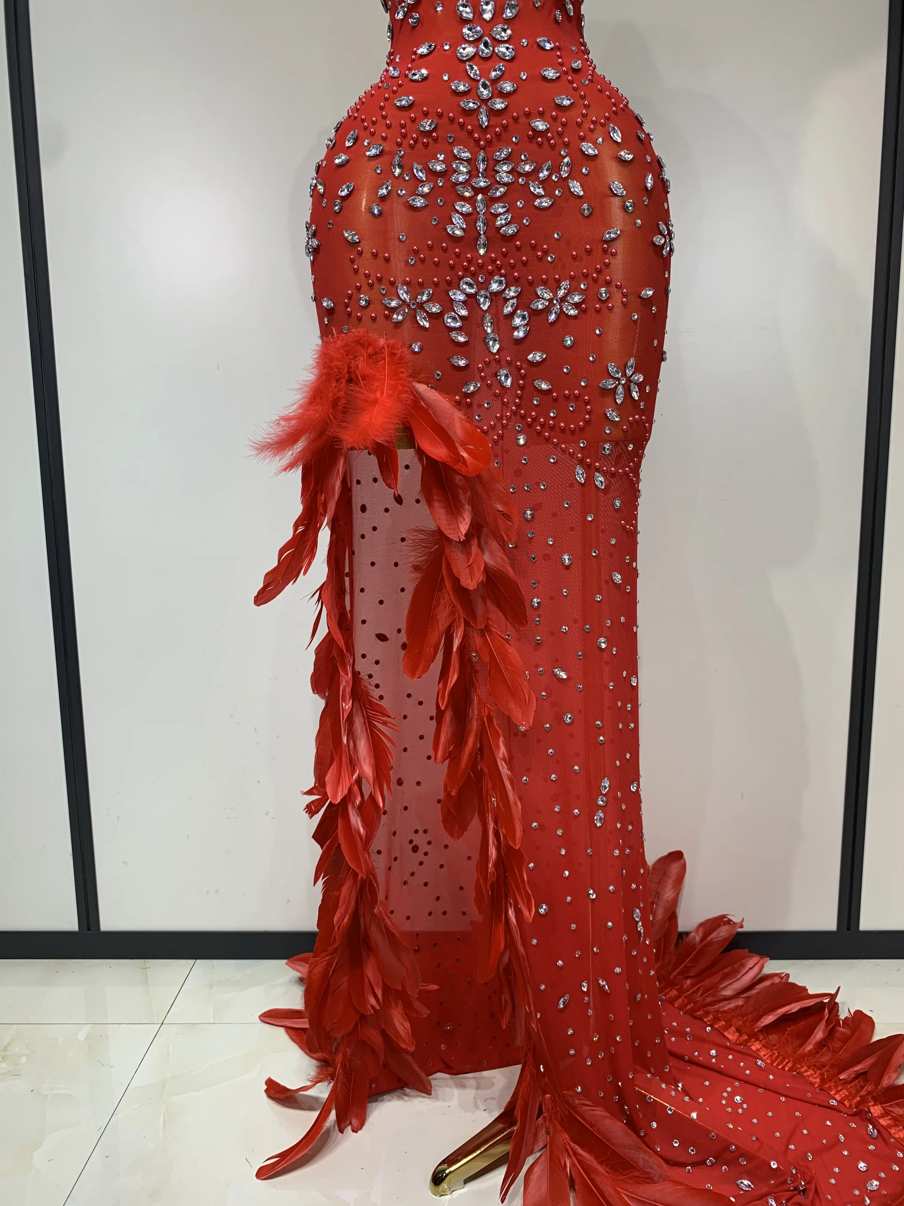 Women Sparkly Rhinestone Feather Mesh Transparent Maxi Long Dress Sexy Backless Birthday Evening Party Singer Stage Costume