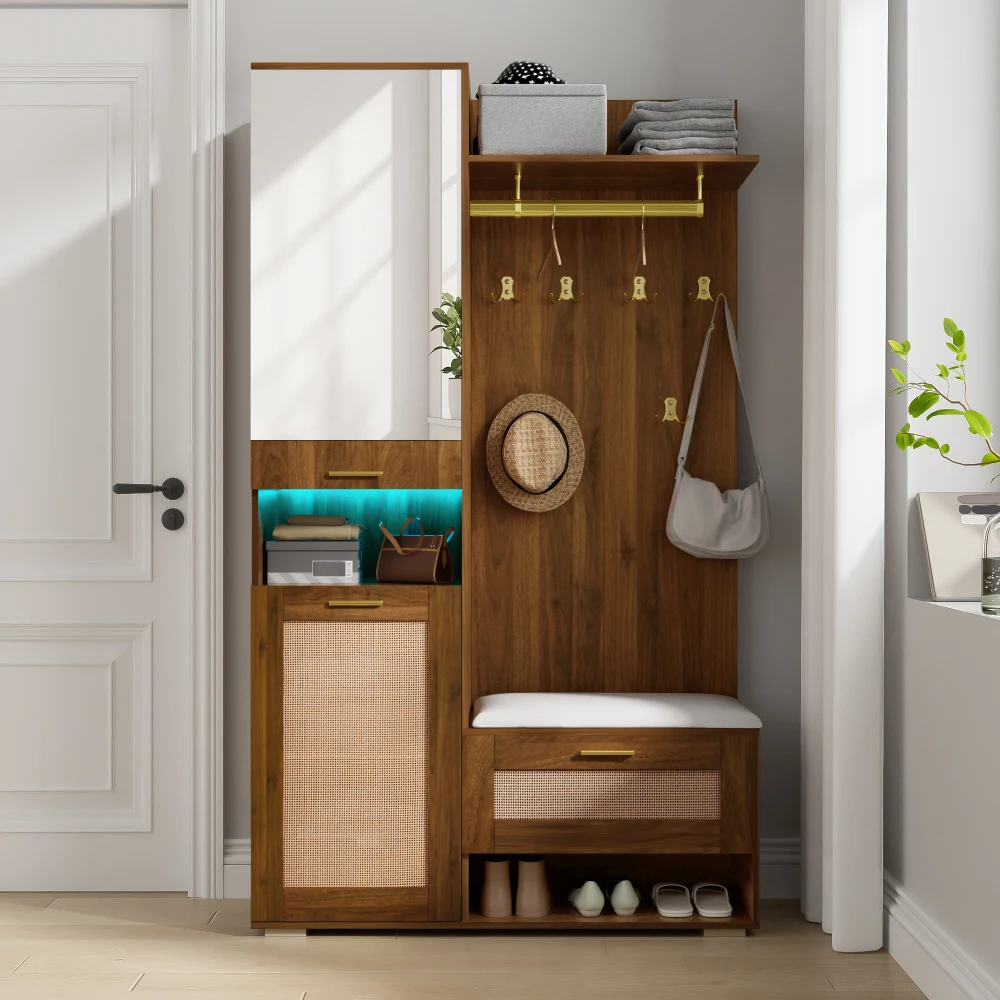 Modernes Kleiderschrank-Set mit Spiegel und LED-Beleuchtung, 6 goldene Haken + Schuhschrank + Sitzbank, Kleiderschrank mit oberem Ablagefach – Detail 9