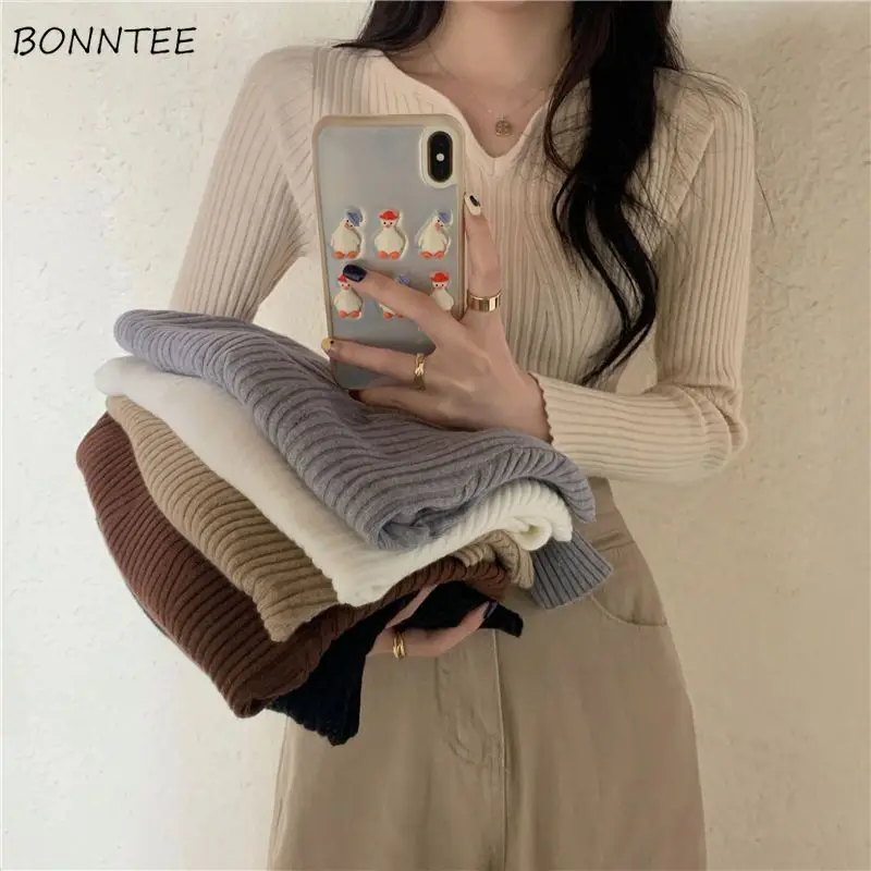 

Underlay V-neck Pullovers Women Knitting Slim Solid Simple Korean Style Fashion Design Warm Elegant Young Ladies Autumn Cloth