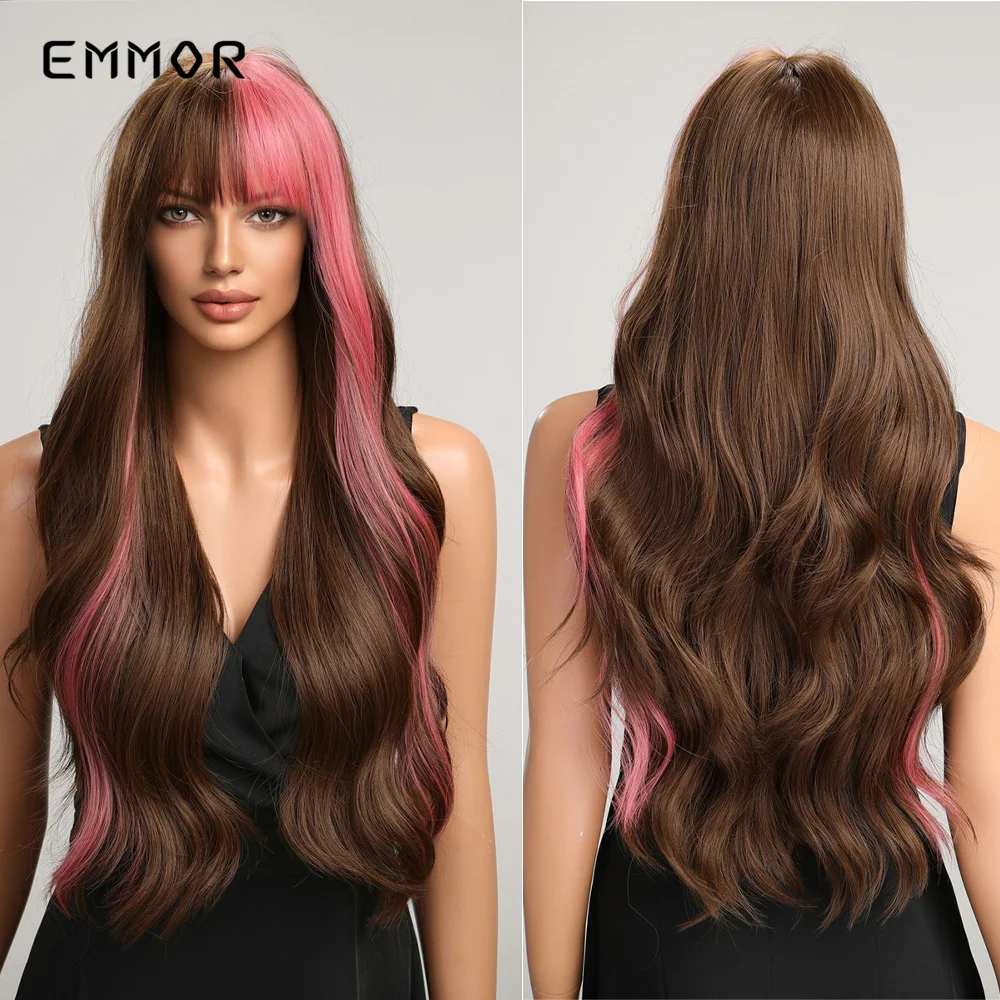 

Emmor Synthetic Balayage Pink Brown Long Wavy Wig for Women with Bangs Party Cosplay Lolita Heat Resistant Fibre Hair Wigs
