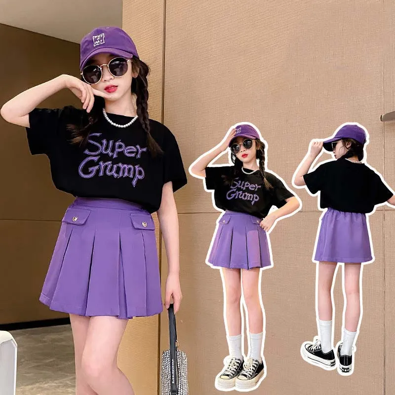 

Summer Teenager Girl Tracksuit Children Girl Letter Short Sleeve Tops+Solid Pleated Skirt Sets Girls From 4-12 Years Old