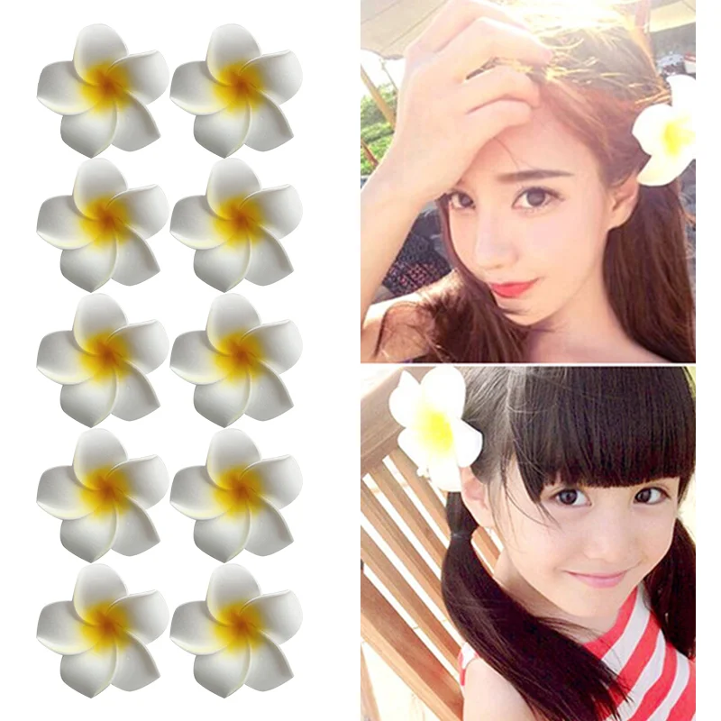 

7cm Hawaii Flower Hair Clip Hairpin Simulation Egg Flower Headdress for Beach Luau Party (White with Yellow)