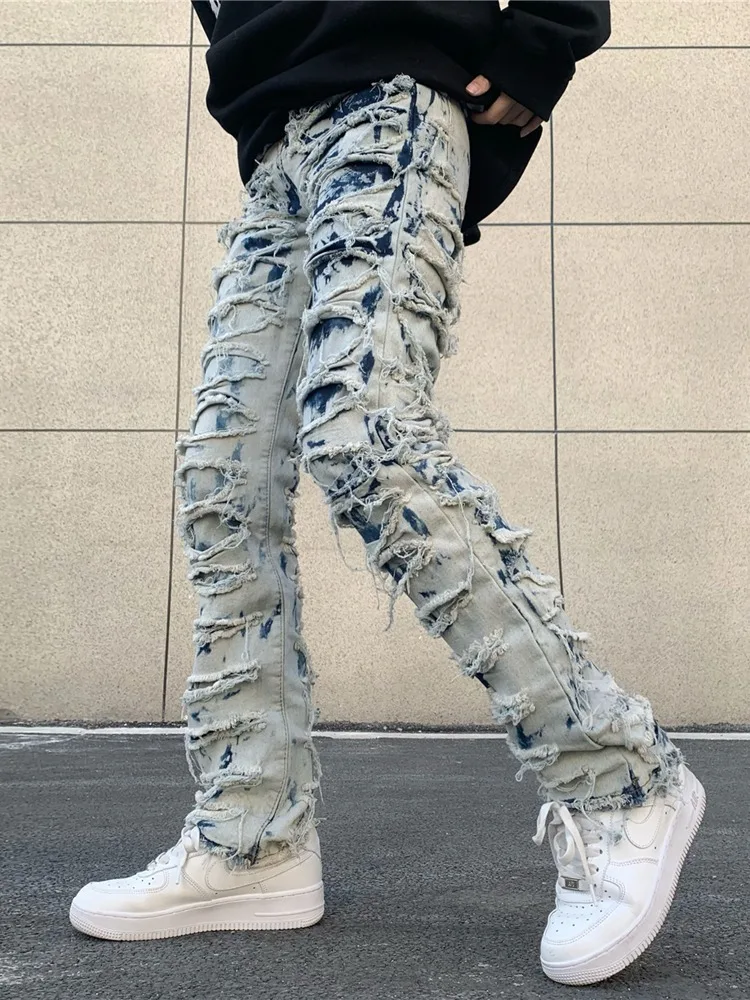 2023 Y2K Streetwear Slim Fit Stacked Jeans Pants Men Patchwork Hip Hop Straight Denim Trousers