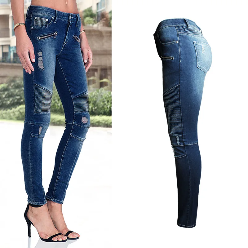 Women's Denim Pencil Pants with Holes Slim Fit Elastic Slim Waist Motorcycle Style