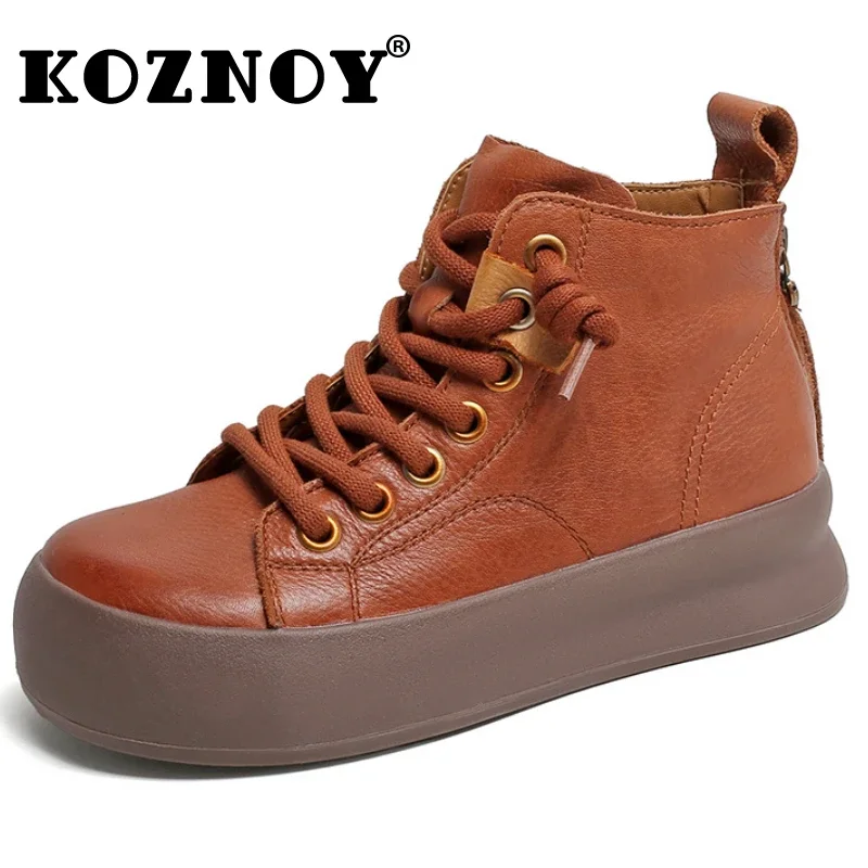 

Koznoy 4cm Women Boot Spring Ankle Mid Calf Cow Genuine Leather Autumn Booties Moccasins Ethnic Comfy Flats Comfy Platform Shoes