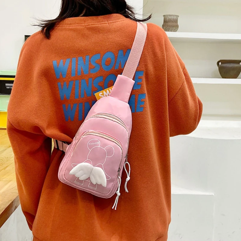 Japanese Cute Simple Wings Little Bear Chest Bags Female New Solid Color Student Shoulder Mobile Phone Bag All-match