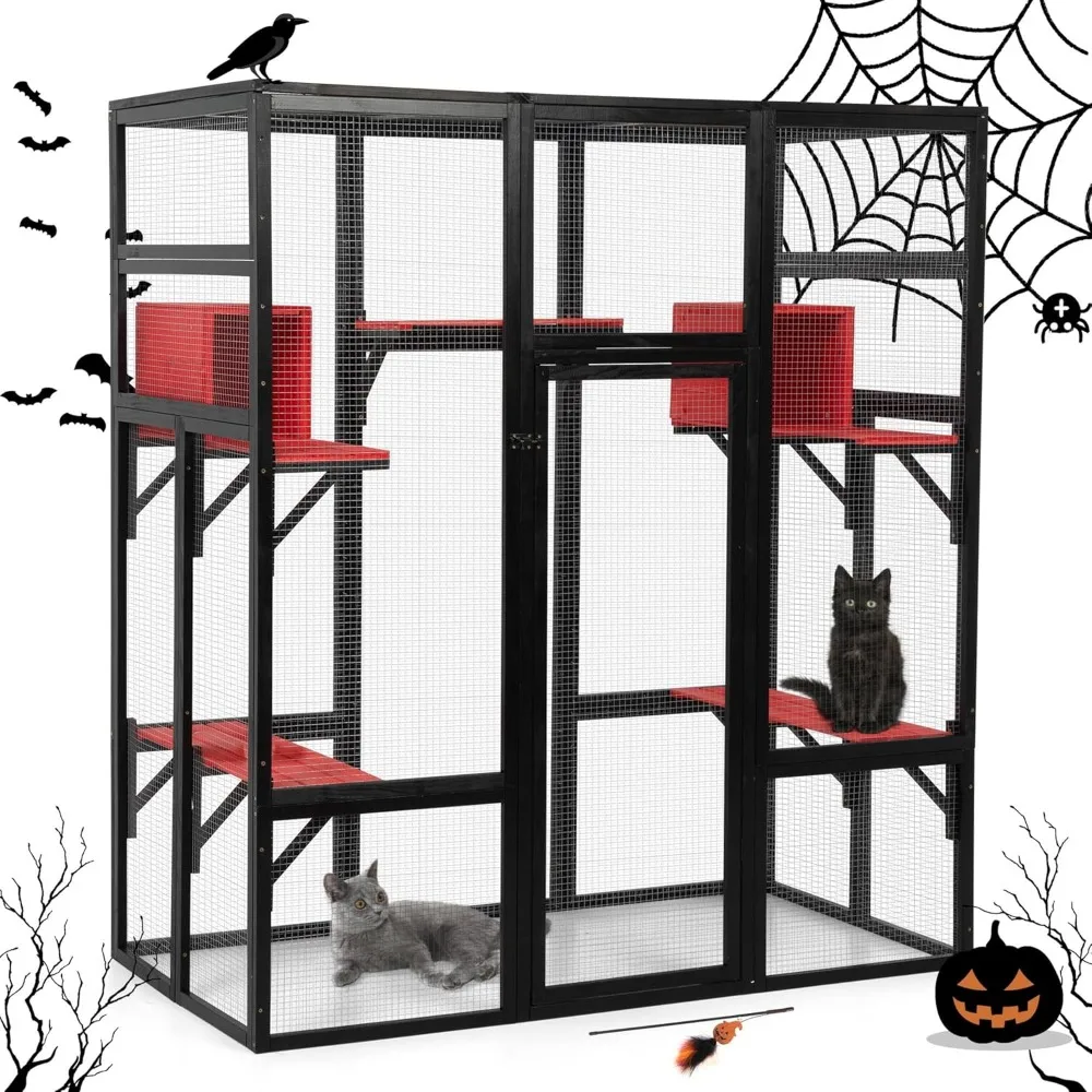 70Inches Large Spacious Wooden Catio Outdoor Cat Enclosure with Perches and Condos, Cat Cage Indoor with Waterproof Roof