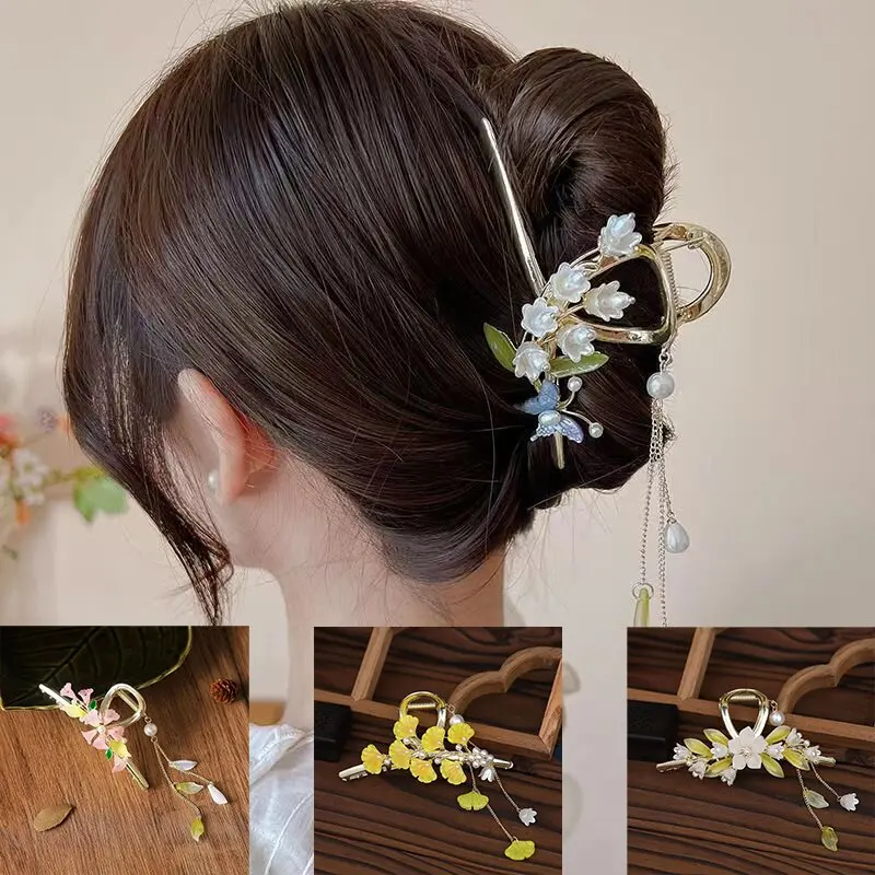 

Fashion Retro Creative sytle Flower Fringe Grab Clip Back Head Shark Clip Advanced Sense Niche Design Elegant Hair Accessories