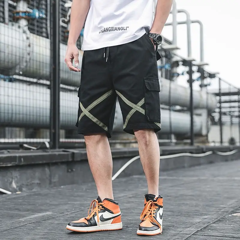 Summer Solid Color Fashion Elastic Waist Straight Pants Man High Street Casual Loose Pocket Drawstring Printing Cotton Shorts