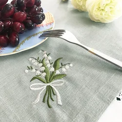 @RD2207, Lily of the valley, Flower Embroidered linen cotton, Napkin, table mats, Weddin, Hotel, airbnb, restaurant 46x46cm