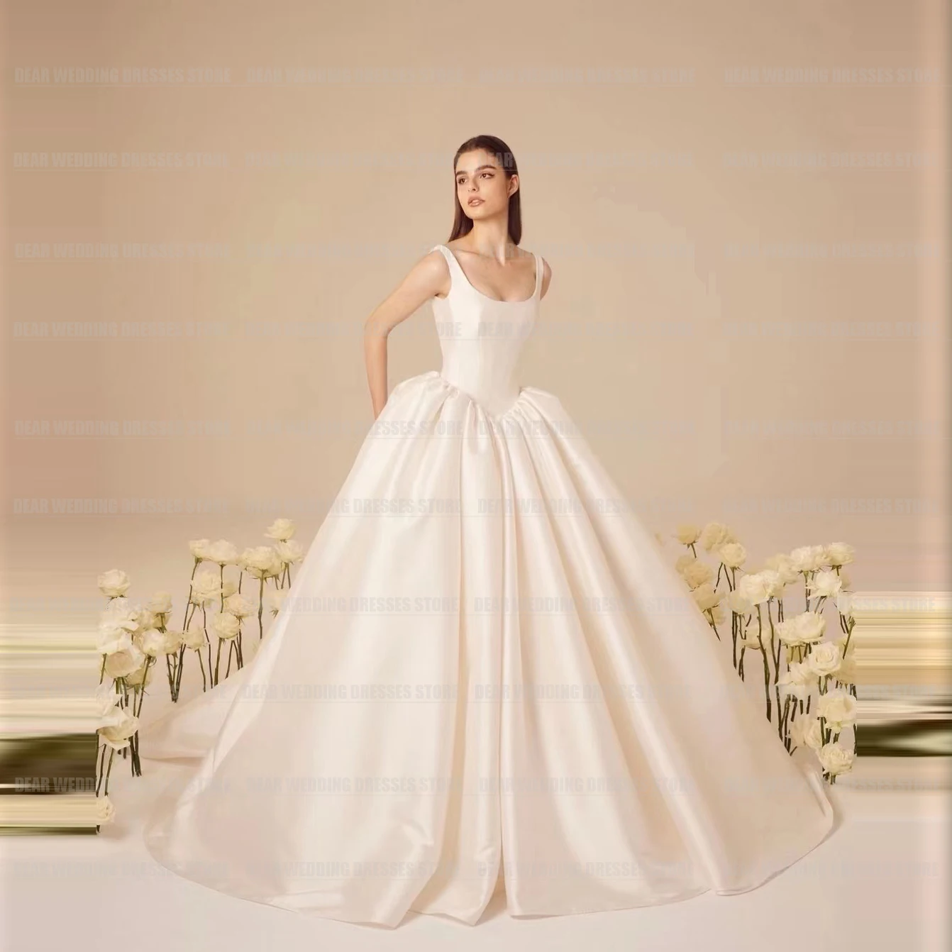 

Simple Fluffy Satin 2024 Wedding Dresses Woman's Formal A Line Boat Neck Sleeveless Bride Gowns Gentle Fashion Vestidos De Novia