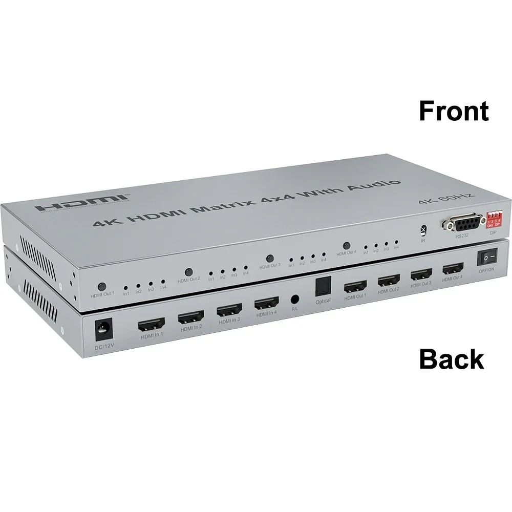 4K 60Hz 4x4 HDMI Matrix with Audio Extractor HDR 3D 1080P Video Switcher Splitter 4 in 4 Out HDCP2.2 EDID RS232 for PS4 PC To TV