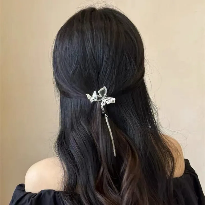 모던 고대 스타일 잉크 앤 워시 나비 바레트, 진주 술 머리핀, 여성 기질 헤어 액세서리, 소녀 쥬얼리