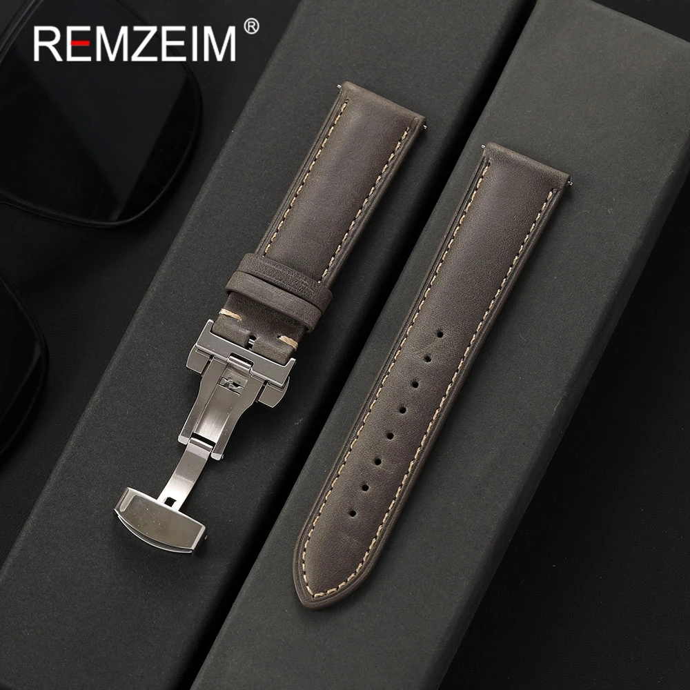 Men's Premium Crazy Horse Leather Watch Band with Quick Release Butterfly Clasp